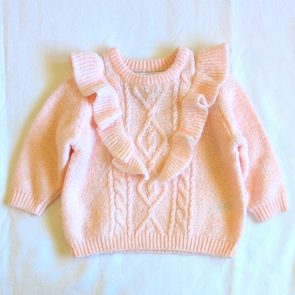 george soft pink ruffled cable knit acrylic blend sweater 3-6 months baby girl